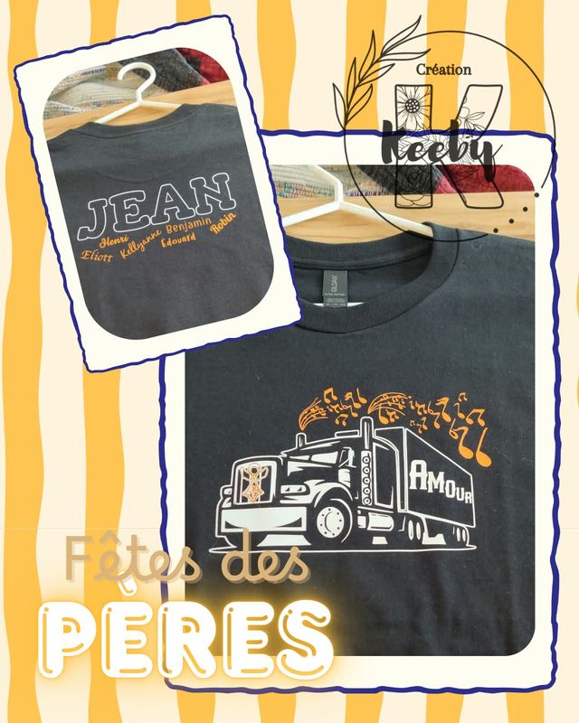 Visuel de la fête des Pères : t-shirt noir avec un camion-remorque blanc et des notes de musique orange « Amour » à l'avant, « Jean » et les prénoms des petits-enfants au dos.