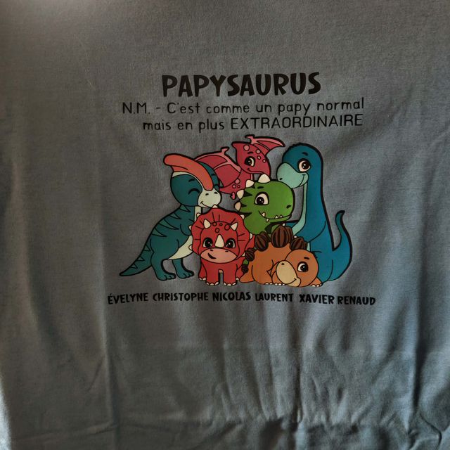 T-shirt gris « Papysaurus : c'est comme un papy normal mais en plus extraordinaire », avec une famille de dinosaures colorés et les prénoms des petits-enfants.